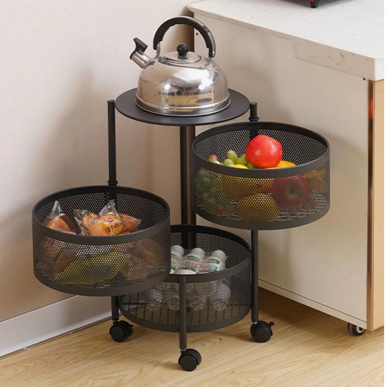 Suport metalic cu roti, 3 cosuri rotative, o polita metalica, potrivita pentru organizare, depozitare, usor accesibila, mobila, Negru, 30 x 57 cm [1]