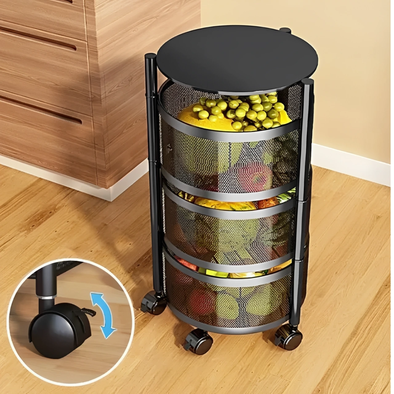 Suport metalic cu roti, 3 cosuri rotative, o polita metalica, potrivita pentru organizare, depozitare, usor accesibila, mobila, Negru, 30 x 57 cm [3]