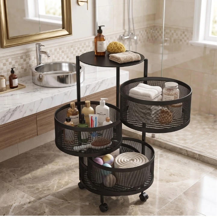 Suport metalic cu roti, 3 cosuri rotative, o polita metalica, potrivita pentru organizare, depozitare, usor accesibila, mobila, Negru, 30 x 57 cm