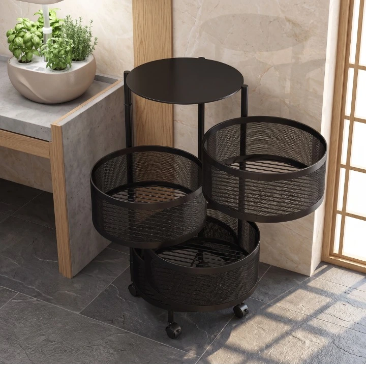 Suport metalic cu roti, 3 cosuri rotative, o polita metalica, potrivita pentru organizare, depozitare, usor accesibila, mobila, Negru, 30 x 57 cm [2]