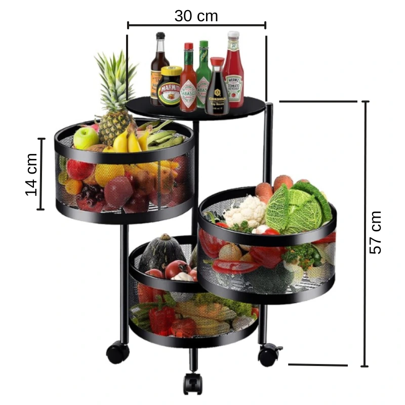 Suport metalic cu roti, 3 cosuri rotative, o polita metalica, potrivita pentru organizare, depozitare, usor accesibila, mobila, Negru, 30 x 57 cm [5]