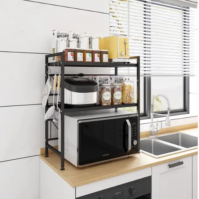 Suport metalic cuptor cu microunde, multifunctional, extensibil, organizator bucatarie,  3 niveluri, 3 carlige metalice, Negru, 40-60 x 32 x 78 cm [0]