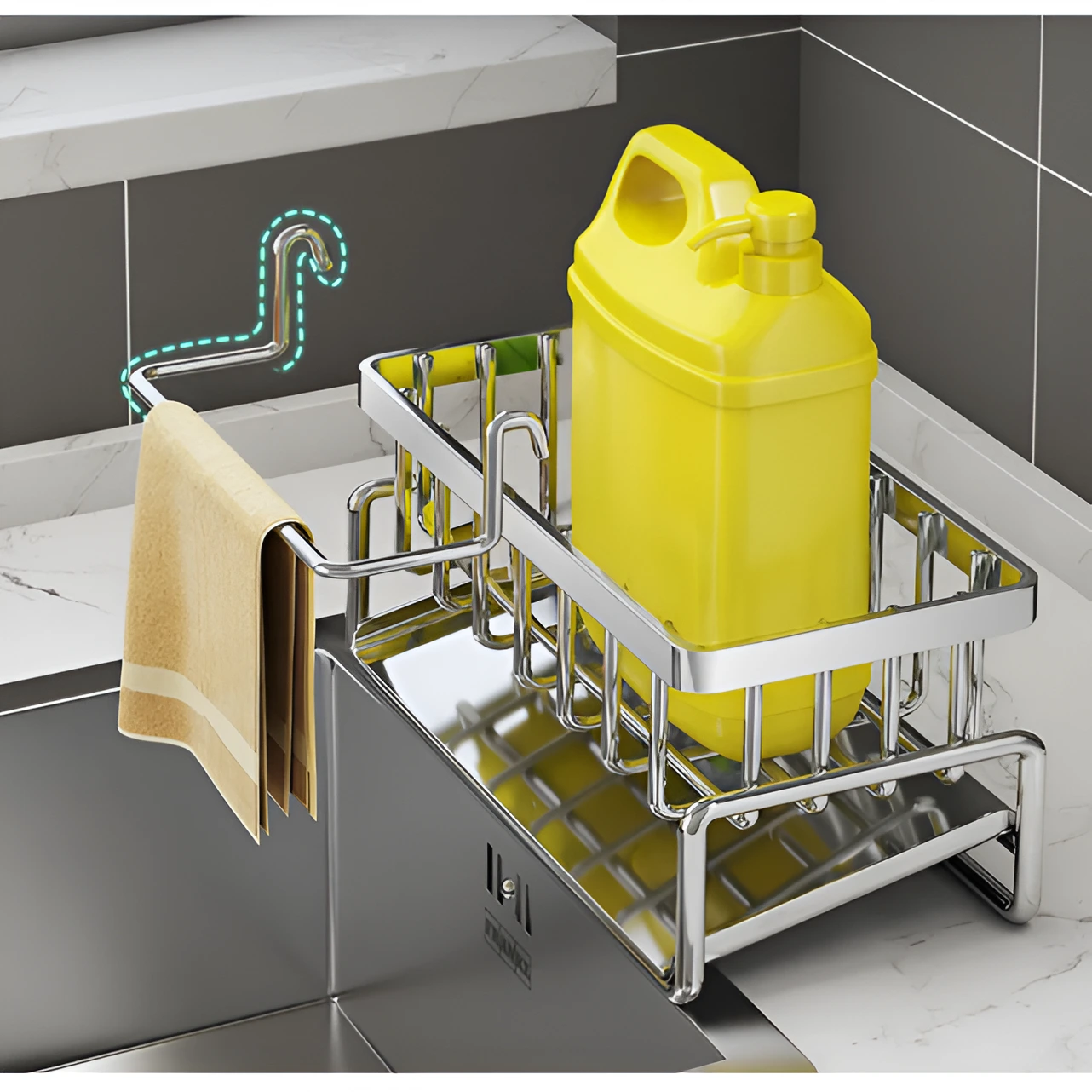 Suport metalic pentru buretele de vase, din inox, cu fanta inclinata de scurgere a apei , suport laveta, Gri, 23 x 10 x 9 cm [2]