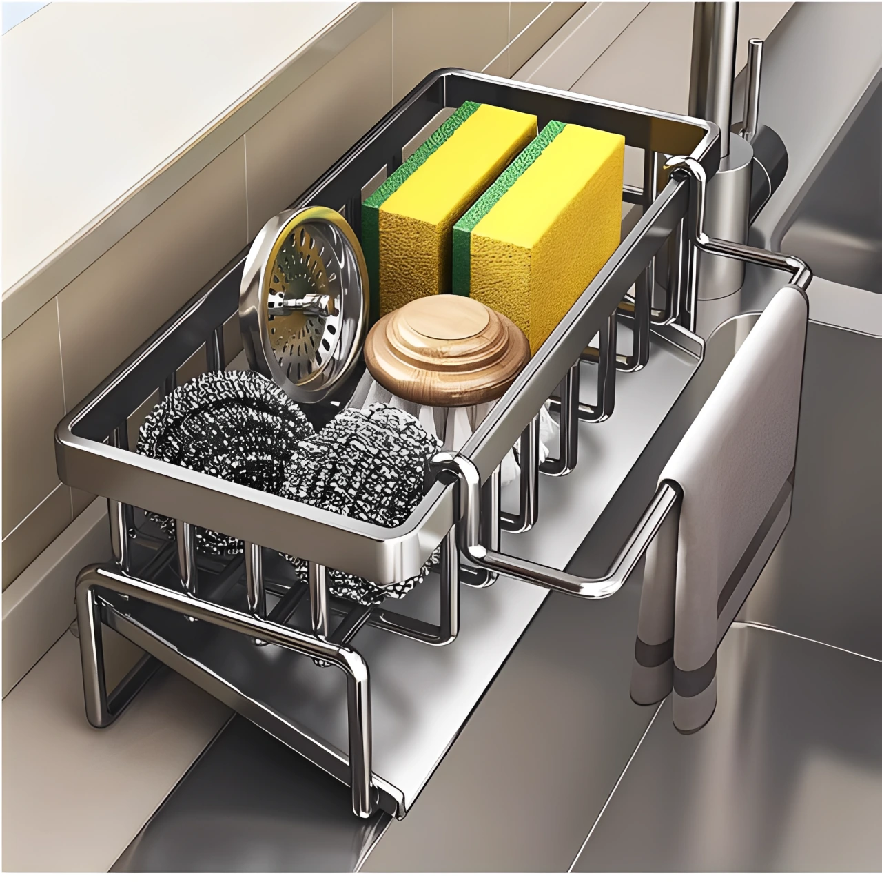 Organizare - Suport metalic pentru buretele de vase, din inox, cu fanta inclinata de scurgere a apei , suport laveta, Gri, 23 x 10 x 9 cm