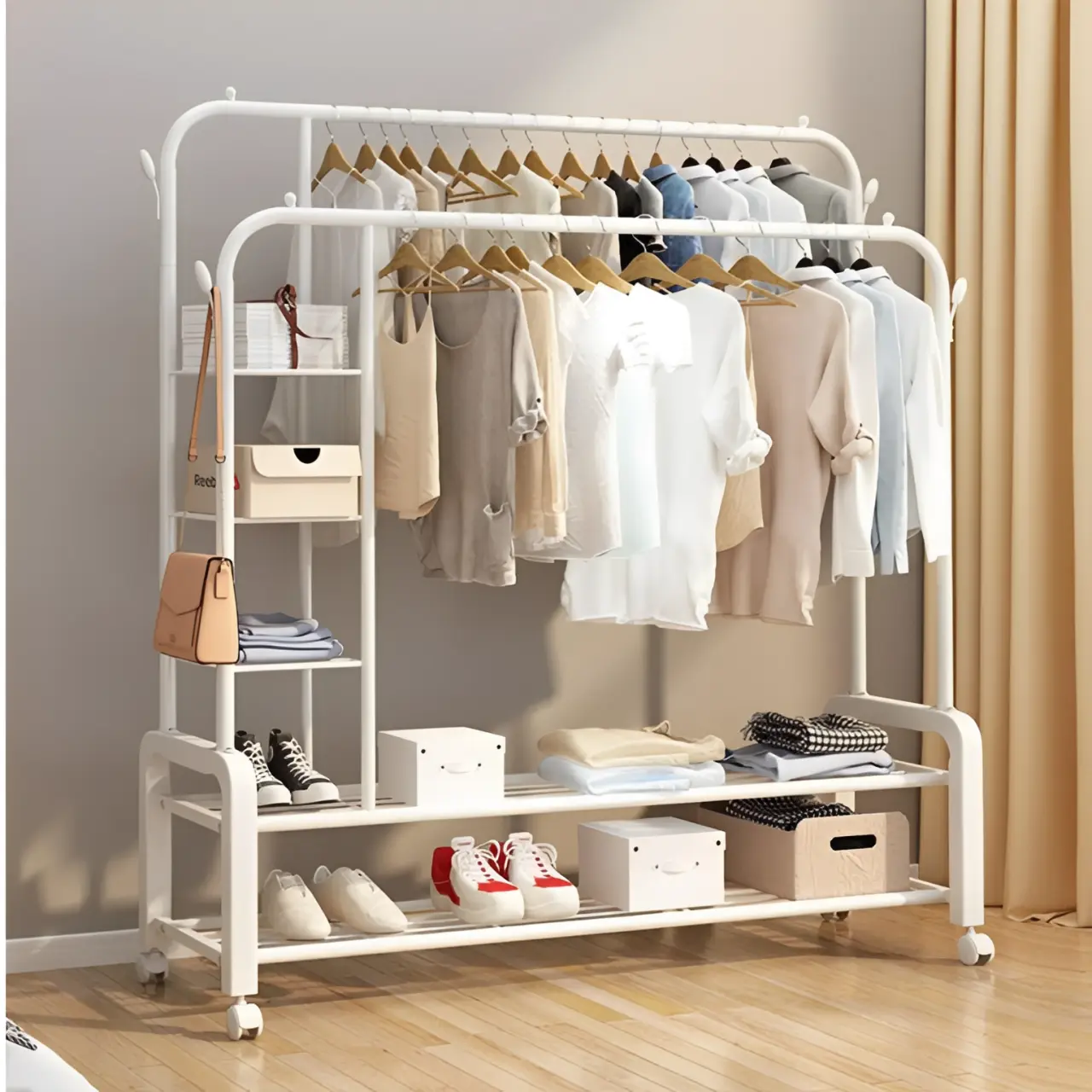 Suport metalic pentru haine cu 2 bare, inaltimi diferite, cu roti, spatiu incaltaminte, spatiu accesorii, Alb, 110 x 54.5 x 130/150 cm [5]