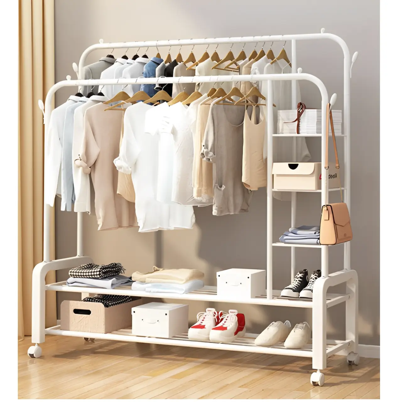 Suport metalic pentru haine cu 2 bare, inaltimi diferite, cu roti, spatiu incaltaminte, spatiu accesorii, Alb, 110 x 54.5 x 130/150 cm [1]