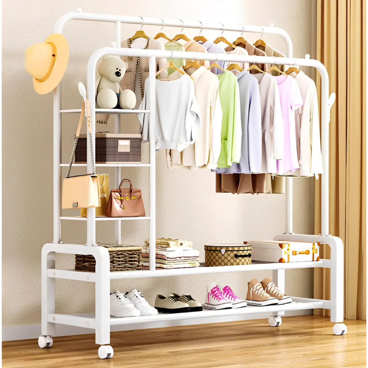 Suport metalic pentru haine cu 2 bare, inaltimi diferite, cu roti, spatiu incaltaminte, spatiu accesorii, Alb, 110 x 54.5 x 130/150 cm [3]