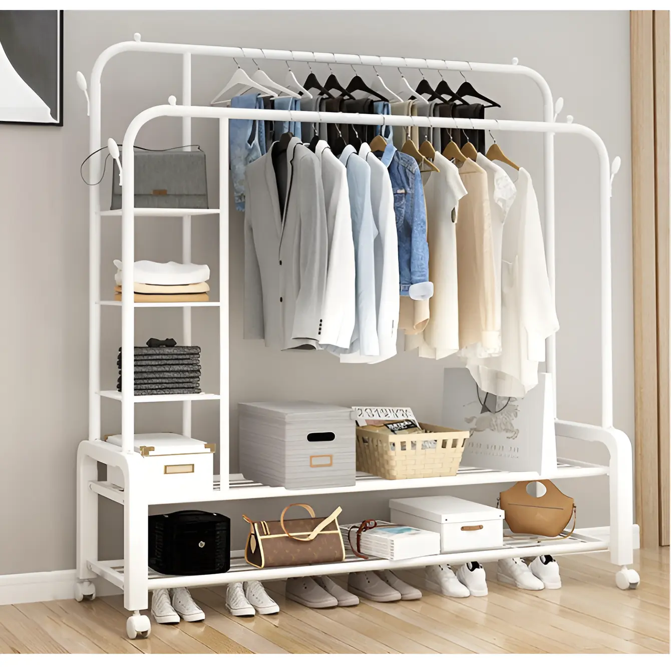 Depozitare si organizare - Suport metalic pentru haine cu 2 bare, inaltimi diferite, cu roti, spatiu incaltaminte, spatiu accesorii, Alb, 110 x 54.5 x 130/150 cm