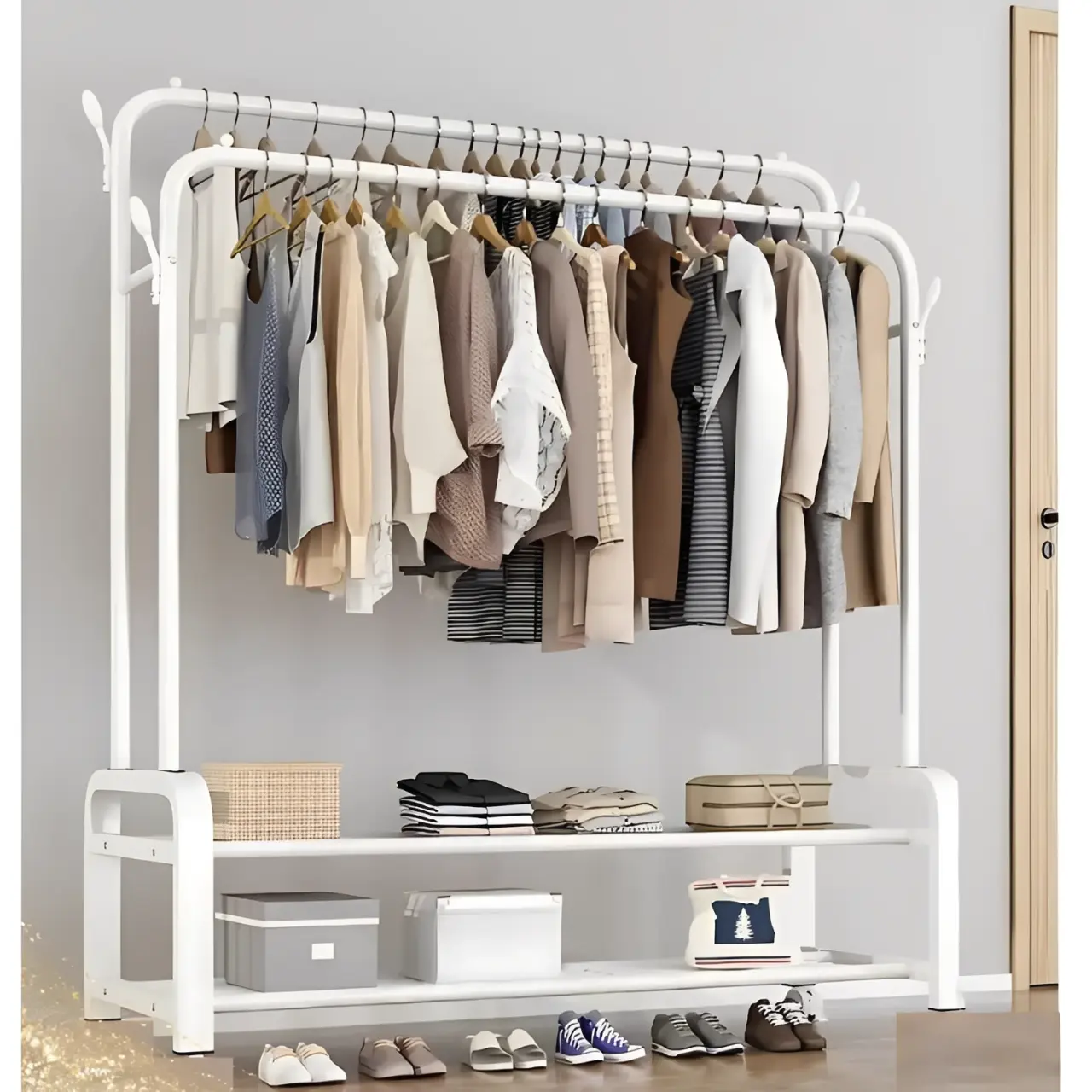 Suport metalic pentru haine cu 2 bare, inaltimi diferite, spatiu incaltaminte, Alb, 110 x 54.5 x 130/150 cm [4]