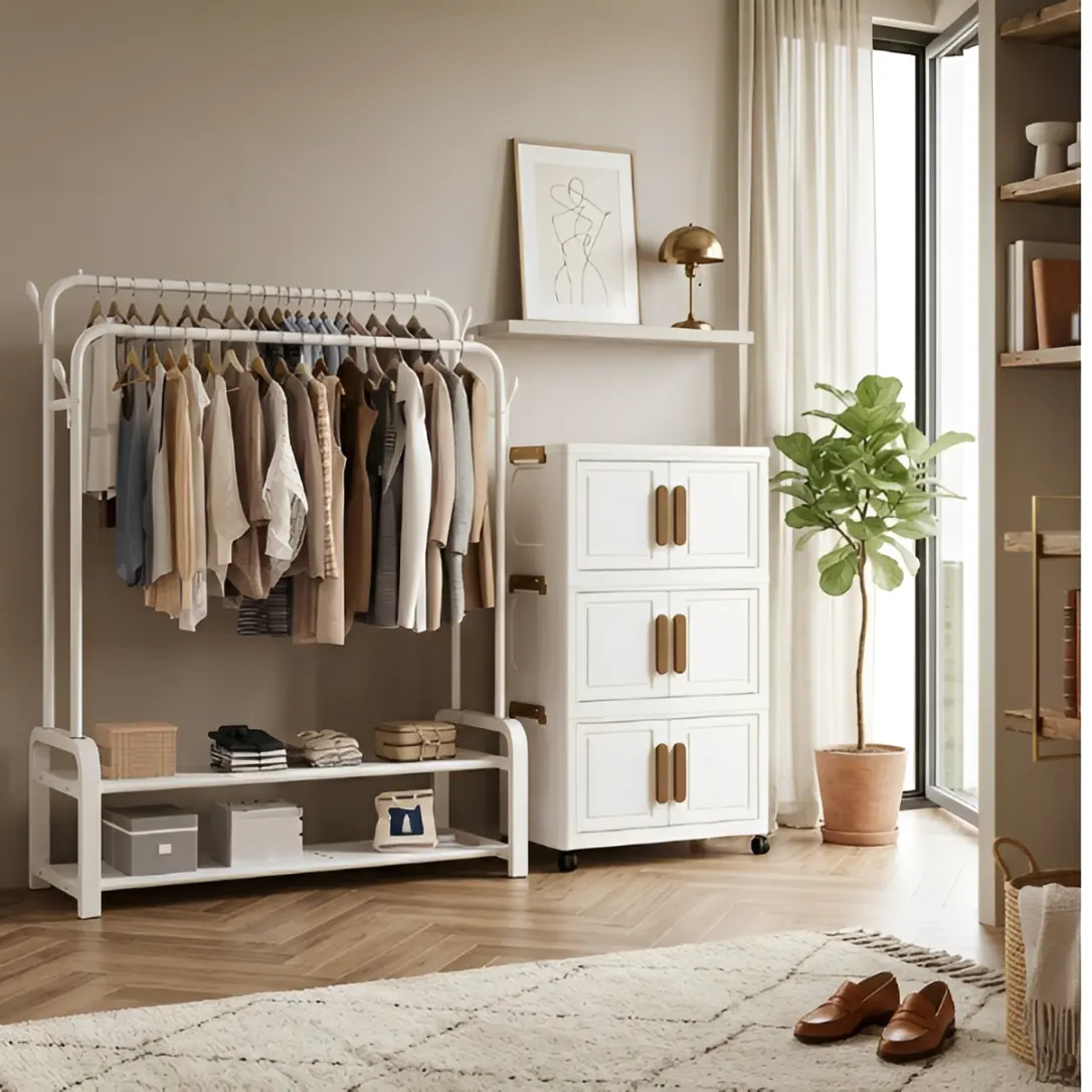 Suport metalic pentru haine cu 2 bare, inaltimi diferite, spatiu incaltaminte, Alb, 110 x 54.5 x 130/150 cm [2]