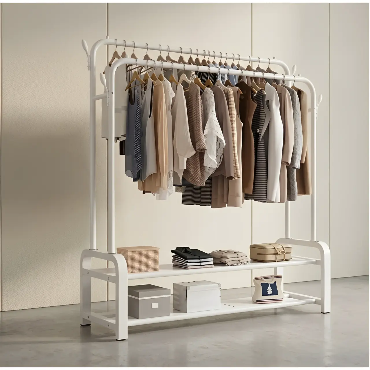 Suport metalic pentru haine cu 2 bare, inaltimi diferite, spatiu incaltaminte, Alb, 110 x 54.5 x 130/150 cm [1]