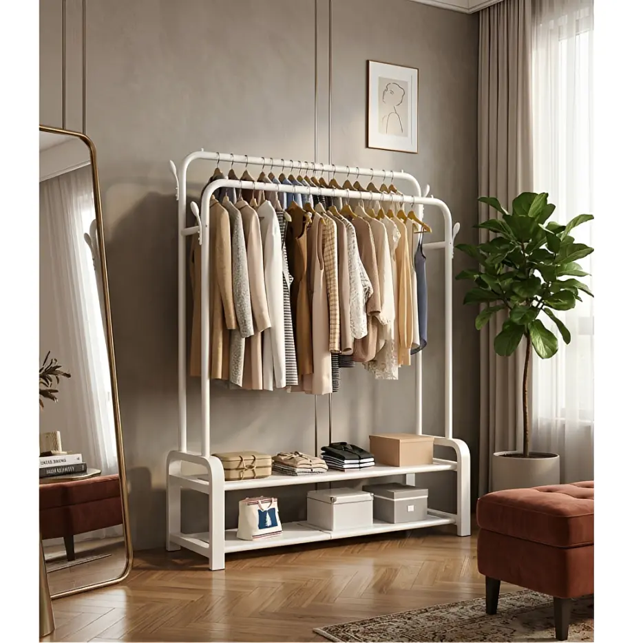 Suporturi - Suport metalic pentru haine cu 2 bare, inaltimi diferite, spatiu incaltaminte, Alb, 110 x 54.5 x 130/150 cm
