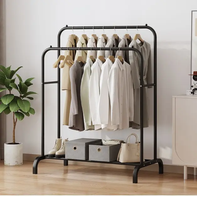Cuiere - Suport metalic pentru haine cu 2 bare, inaltimi diferite, spatiu incaltaminte, Negru, 110 x 54.5 x 150 cm