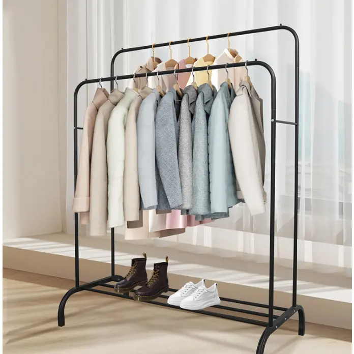 Suport metalic pentru haine cu 2 bare, inaltimi diferite, spatiu incaltaminte, Negru, 110 x 54.5 x 150 cm [2]