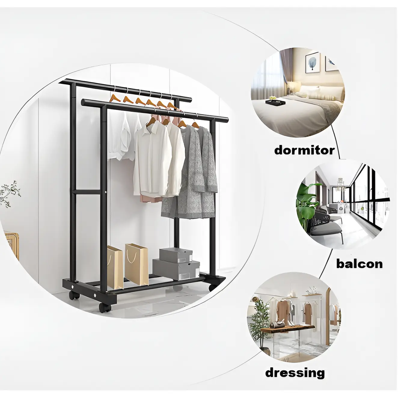 Suport metalic pentru haine cu 2 bare, inaltimi diferite, spatiu incaltaminte, roti, Negru, 100 x 40 x 152 cm [3]