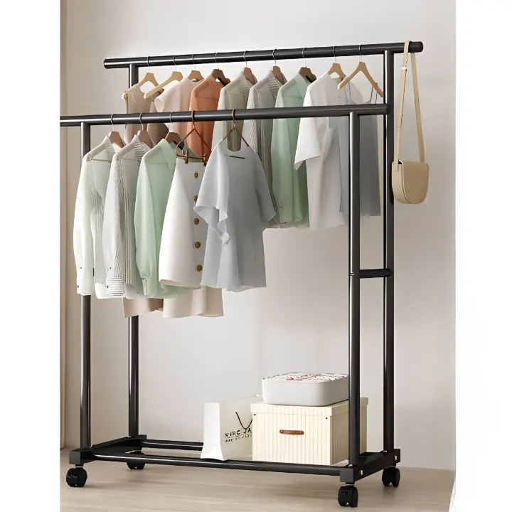 Suporturi - Suport metalic pentru haine cu 2 bare, inaltimi diferite, spatiu incaltaminte, roti, Negru, 100 x 40 x 152 cm