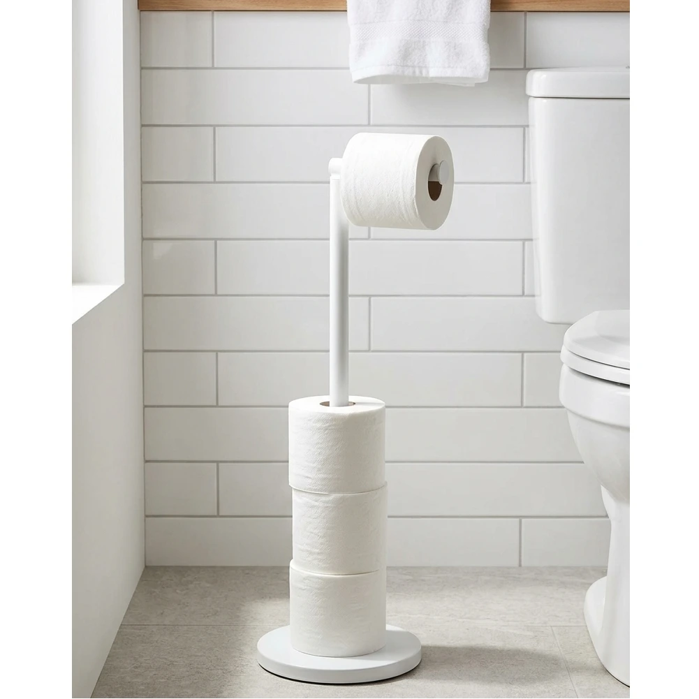 Suport metalic pentru hartie igienica, depozitare role, compact, de sine statator, organizare baie, Alb, 16.8 x 56.5 cm