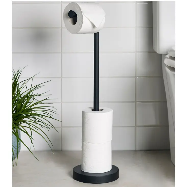 Suport metalic pentru hartie igienica, depozitare role, compact, de sine statator, organizare baie, Negru, 16.8 x 56.5 cm [4]