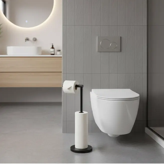 Suport metalic pentru hartie igienica, depozitare role, compact, de sine statator, organizare baie, Negru, 16.8 x 56.5 cm [2]