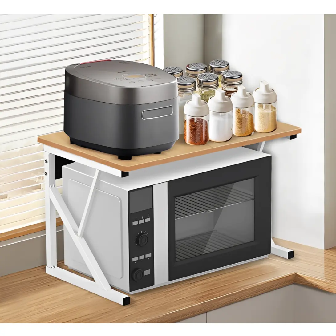 Suport metalic pentru raftul cu microunde, cu polita din MDF, Alb/Maro, 54 x 34.5 x 33 cm