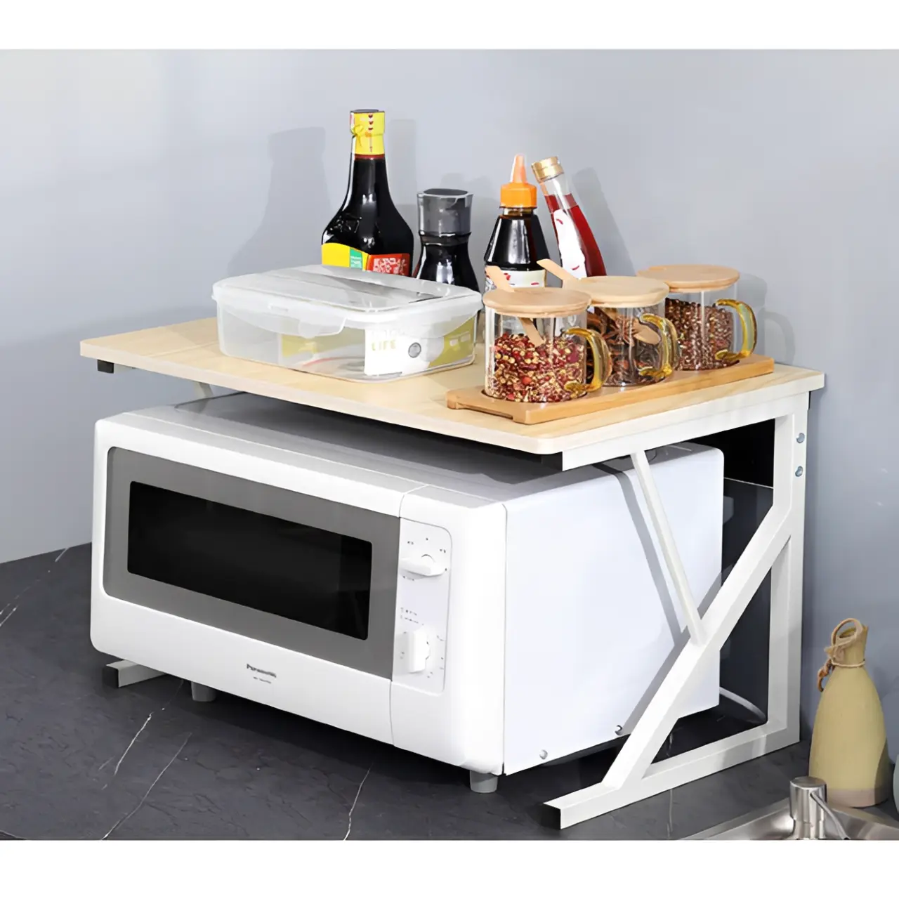 Suport metalic pentru raftul cu microunde, cu polita din MDF, Alb/Maro, 54 x 34.5 x 33 cm [4]