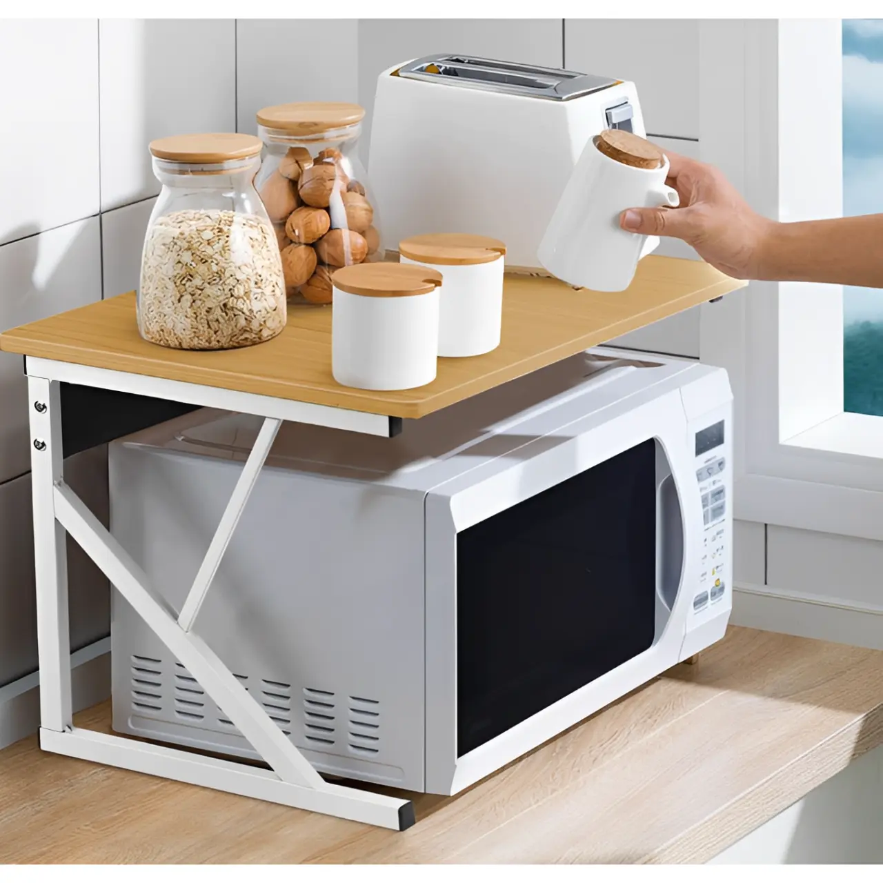 Suport metalic pentru raftul cu microunde, cu polita din MDF, Alb/Maro, 54 x 34.5 x 33 cm [1]