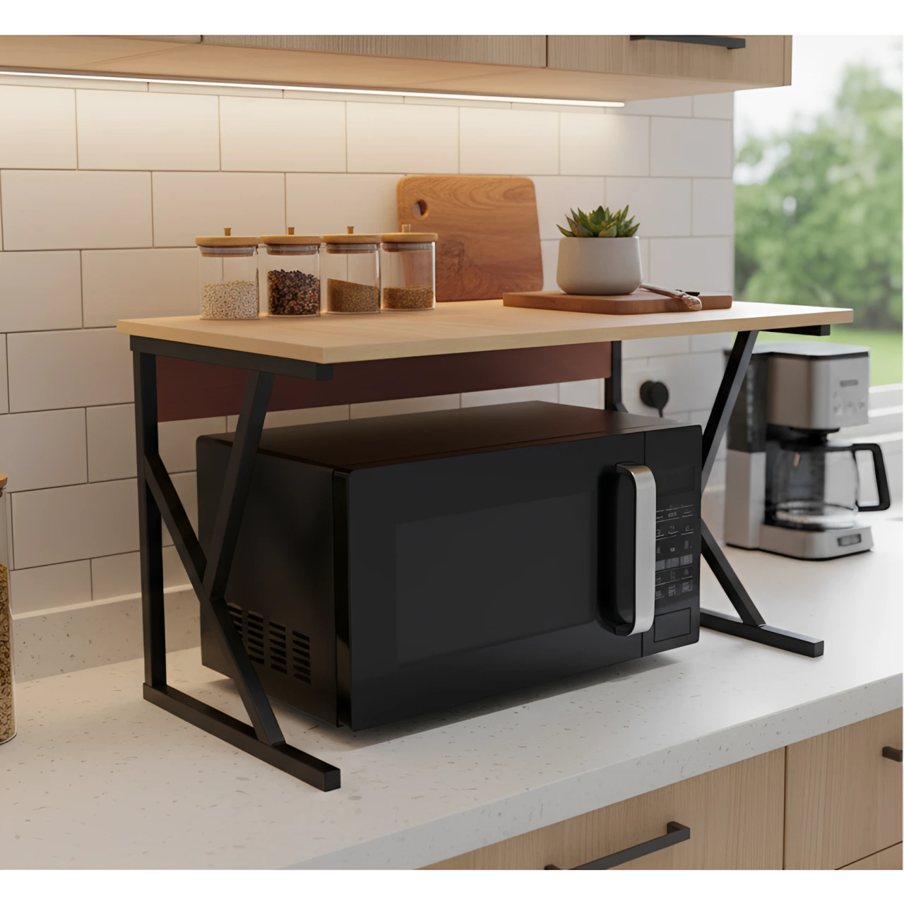 Organizare - Suport metalic pentru raftul cu microunde, cu polita din MDF, Negru/Maro, 54 x 34.5 x 33 cm