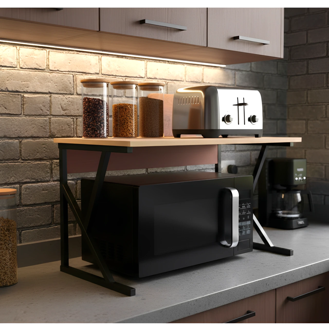 Suport metalic pentru raftul cu microunde, cu polita din MDF, Negru/Maro, 54 x 34.5 x 33 cm [3]