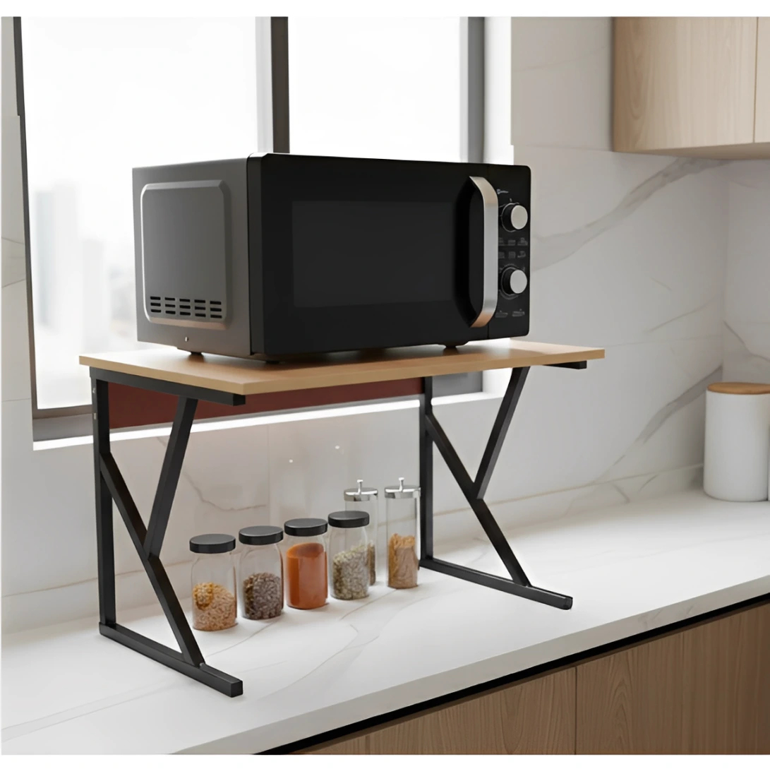 Suport metalic pentru raftul cu microunde, cu polita din MDF, Negru/Maro, 54 x 34.5 x 33 cm [1]