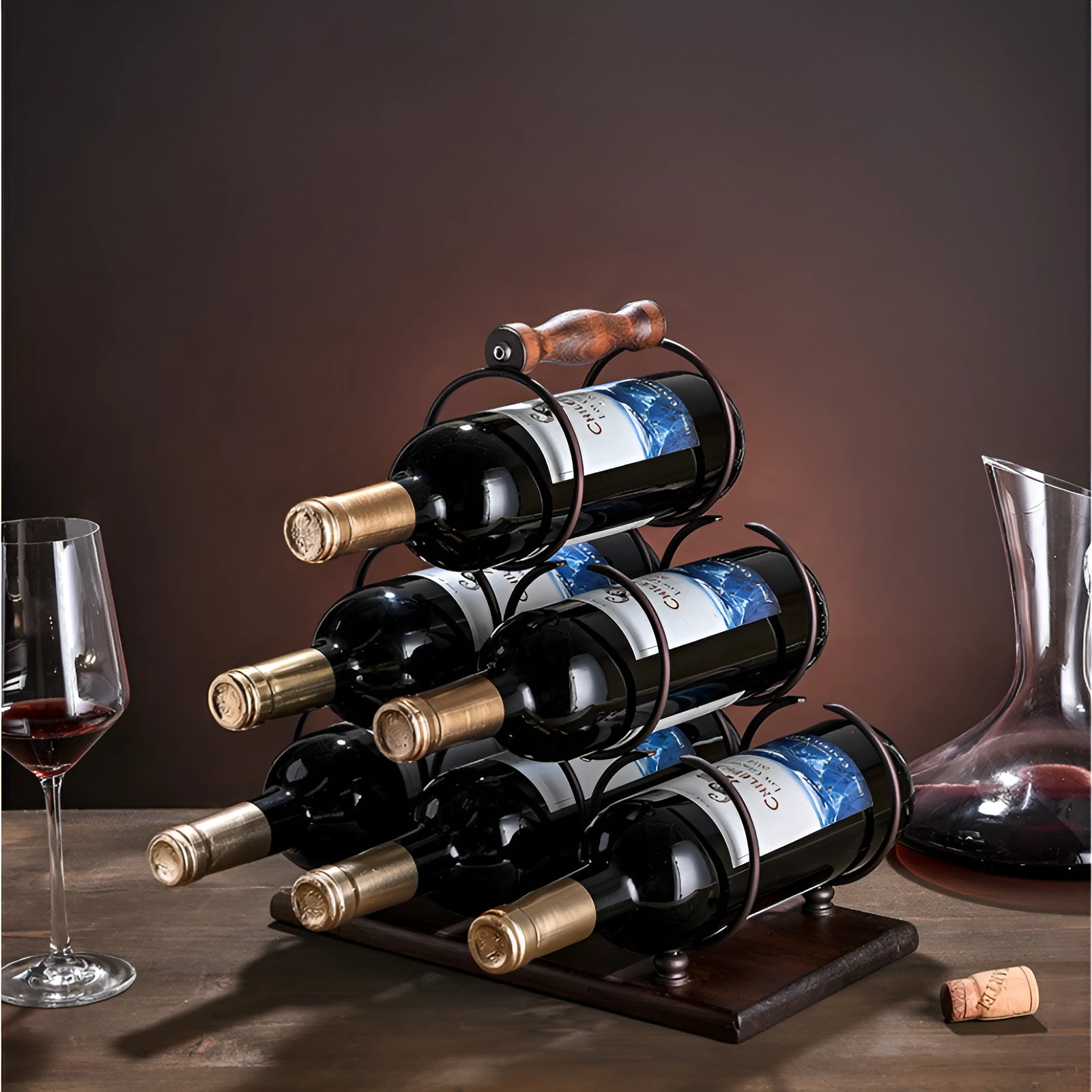 Organizare - Suport metalic pentru sticlele de vin, blat si maner din lemn, Herum, Maro/Negru, 30 x 16 x 32.5 cm