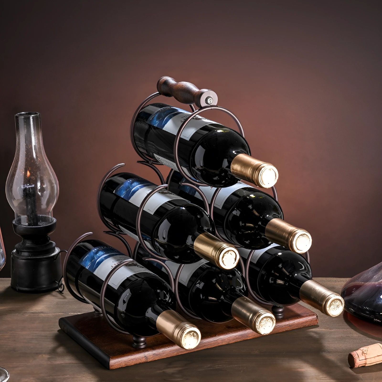 Suport metalic pentru sticlele de vin, blat si maner din lemn, Herum, Maro/Negru, 30 x 16 x 32.5 cm [3]
