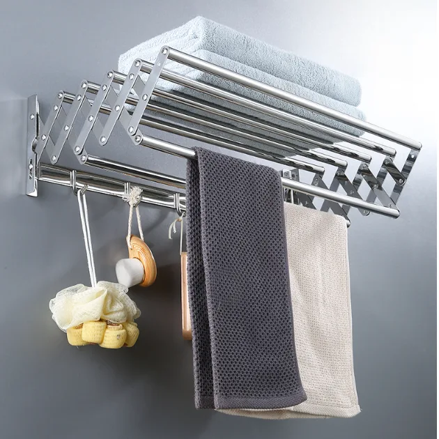 Baie - Suport metalic pliabil, pentru prosoape, umerase, Gri, 58 x 12-35.5 x 14.5 cm