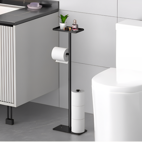 Suport modern pentru rolele de hârtie igienică, cu tavă pentru accesorii, Negru, 72 cm [3]