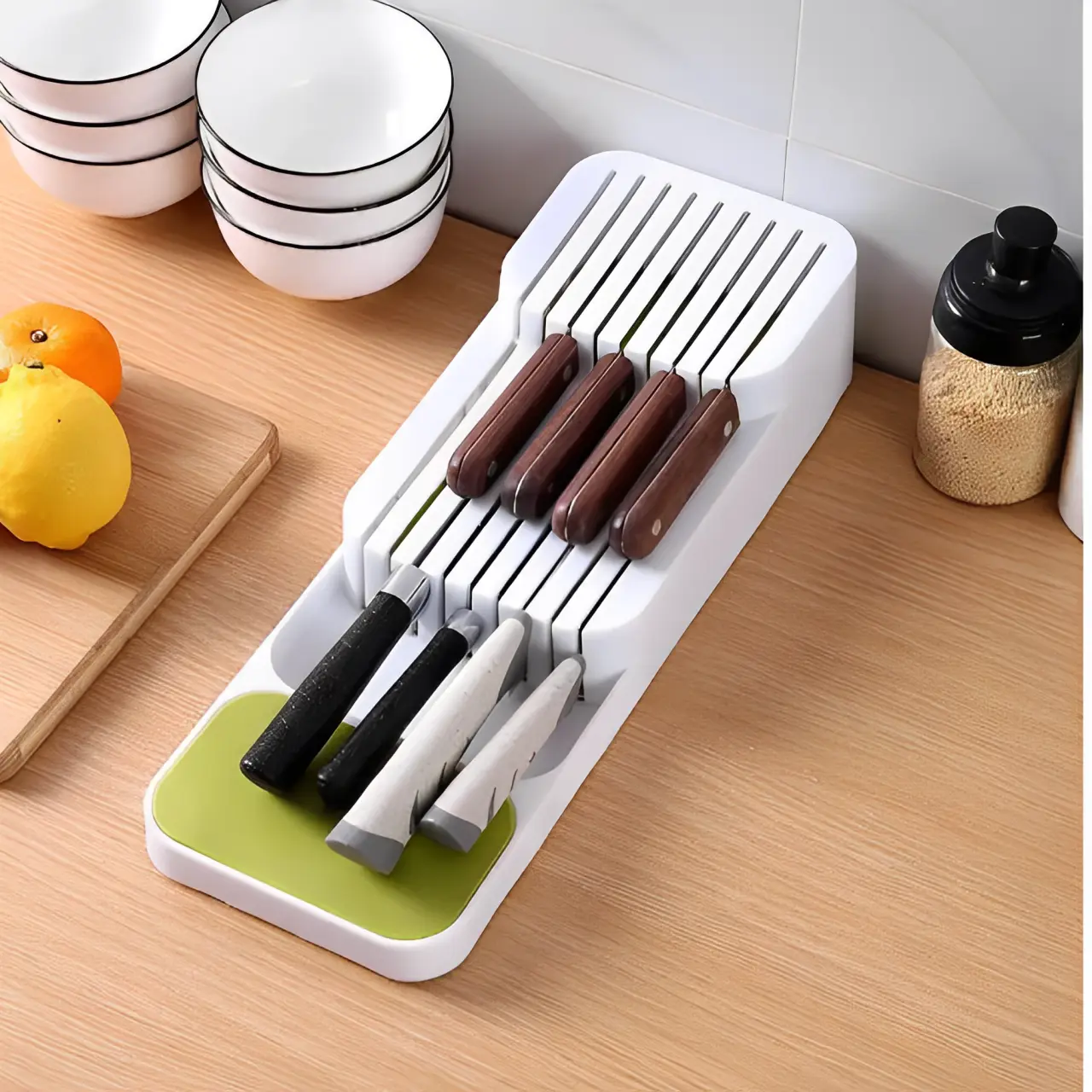 Organizare - Suport pentru cutite, pe 2 nivele, pentru cutite cu lama scurta sau lunga, 18 compartimente, Alb, 39.7 x 14.5 x 7.5 cm