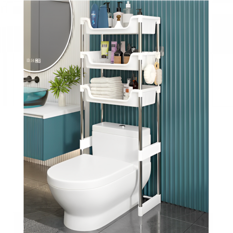 Suport pentru depozitare în baie, cu 3 rafturi, montat deasupra toaletei, Alb, 48.5 x 26 x 173 cm [0]