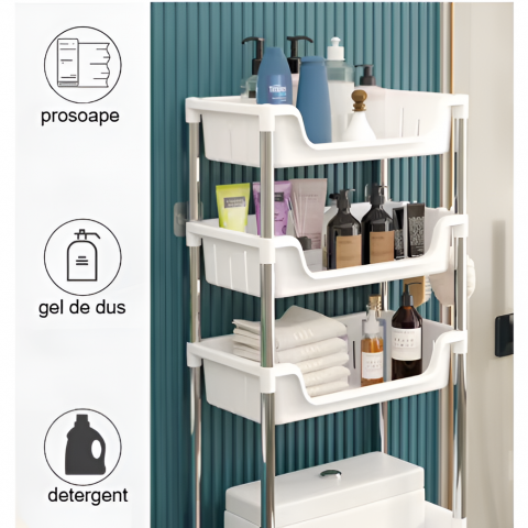 Suport pentru depozitare în baie, cu 3 rafturi, montat deasupra toaletei, Alb, 48.5 x 26 x 173 cm [5]