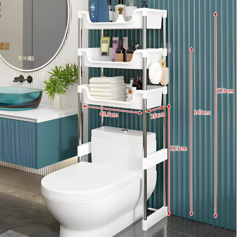 Suport pentru depozitare în baie, cu 3 rafturi, montat deasupra toaletei, Alb, 48.5 x 26 x 173 cm [2]