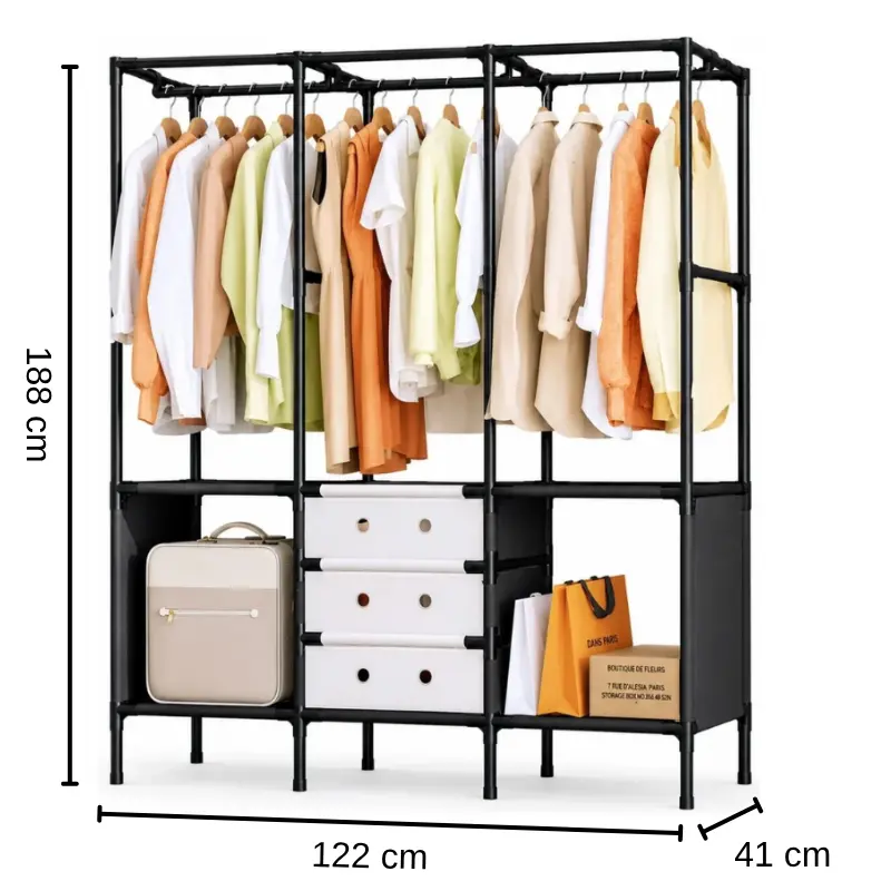 Suport pentru haine, stander, cu compartimente pentru de depozitare, din metal si plastic, Negru, 122 x 41 x 188 cm [5]