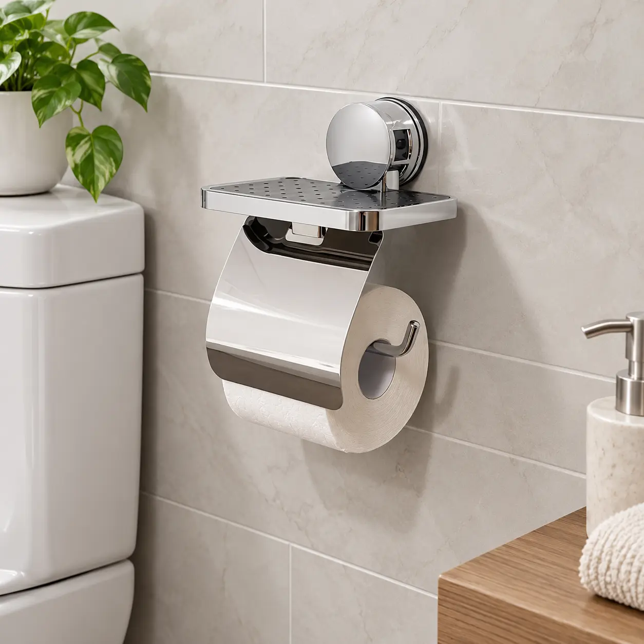 Baie - Suport pentru hartie igienica, cu raft, prindere pe perete cu ventuza, din inox cromat, aspect simplist, elegant