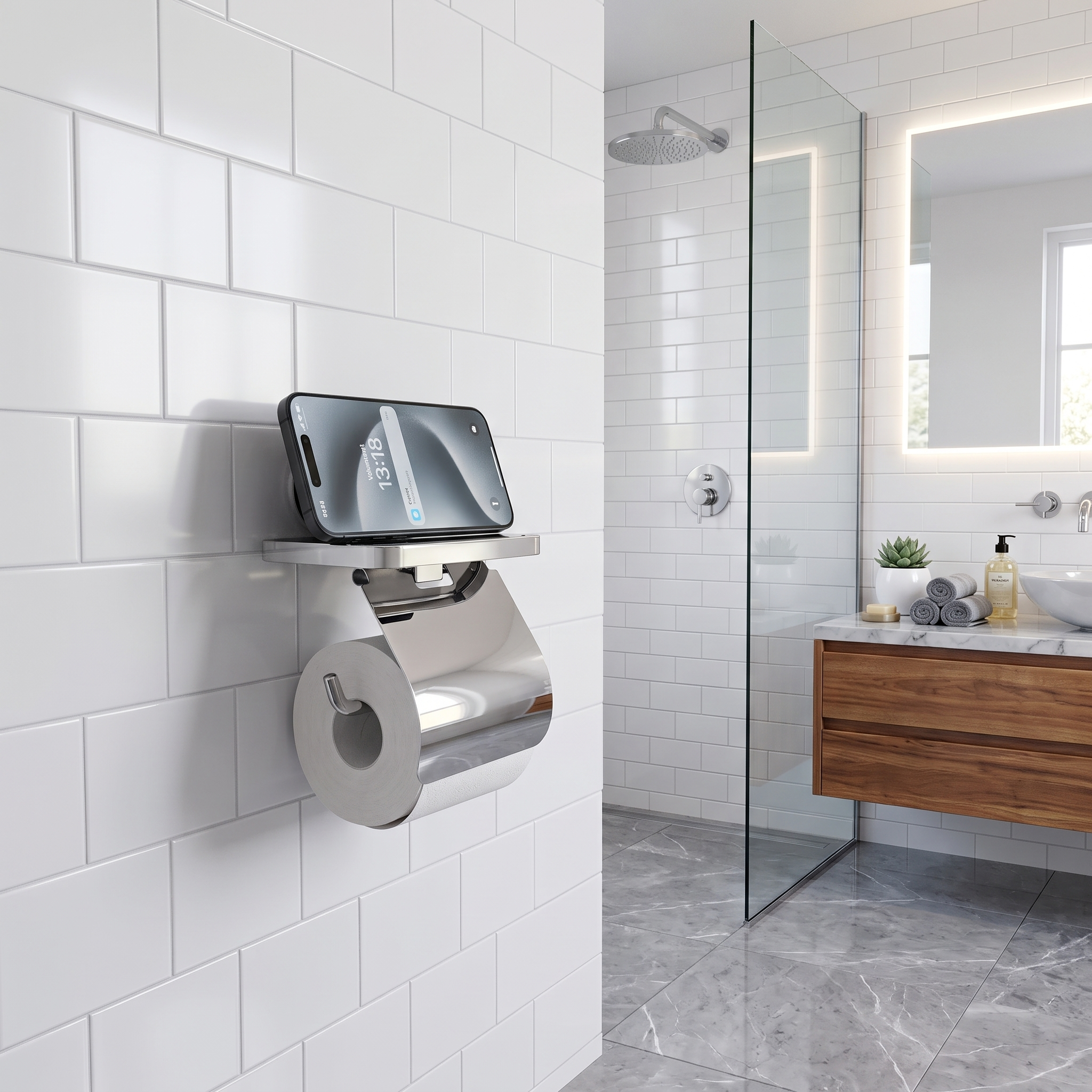 Suport pentru hartie igienica, cu raft, prindere pe perete cu ventuza, din inox cromat, aspect simplist, elegant [2]