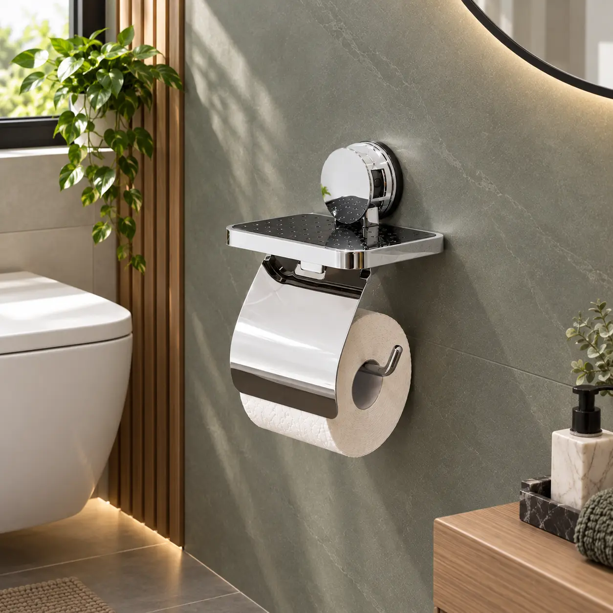 Suport pentru hartie igienica, cu raft, prindere pe perete cu ventuza, din inox cromat, aspect simplist, elegant [4]