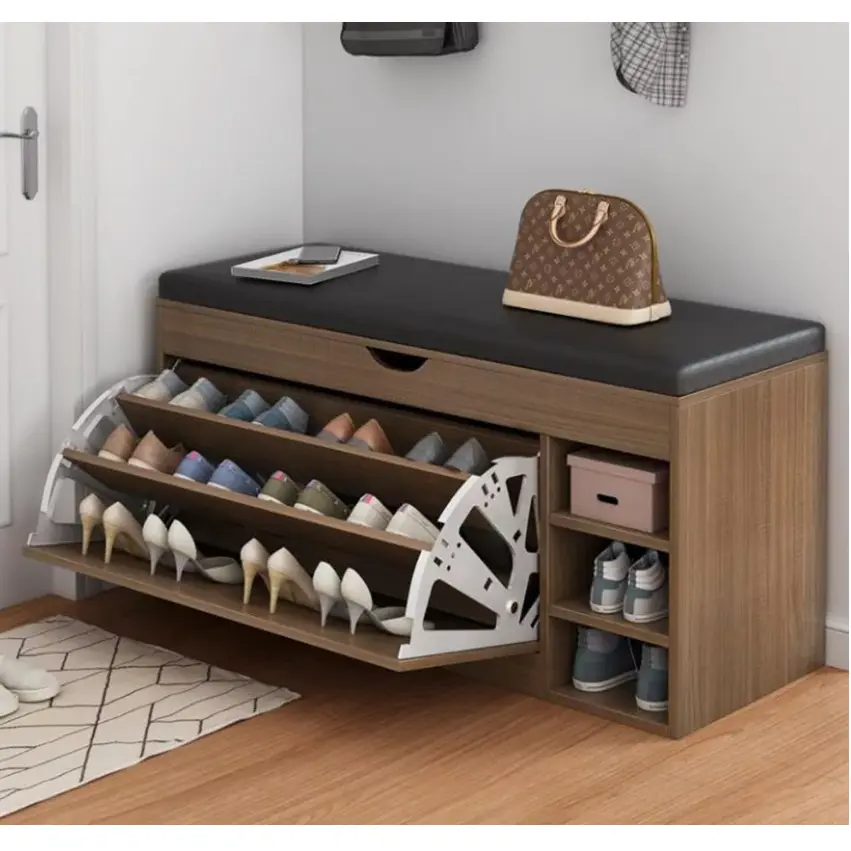 Depozitare si organizare - Suport pentru pantofi, cu bancheta, rafturi rabatabile, rafturi fixe, spatiu de depozitare sub bancheta, Maro/Negru, 100 x 34 x 50 cm