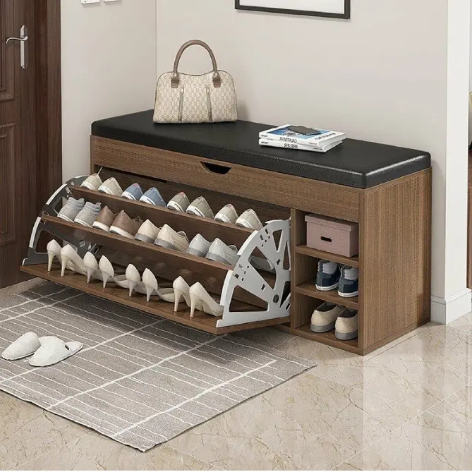 Suporturi - Suport pentru pantofi, cu bancheta, rafturi rabatabile, rafturi fixe, spatiu de depozitare sub bancheta, Maro/Negru, 80 x 34 x 50 cm