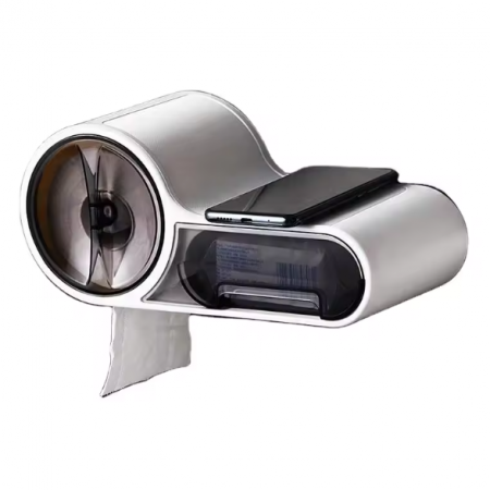 Suport pentru rola de hartie igienica cu spatii de depozitare, Alb/Gri, 28 x 14 x 13 cm [0]