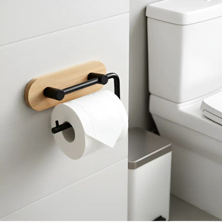 Suport pentru rola de hartie igienica, de perete, metal si bambus, Negru/Maro, 13 x 10 cm [5]