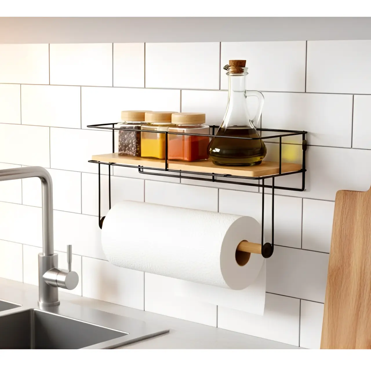 Organizare - Suport pentru rola de servetele de bucatarie, de perete, prindere cu dibluri, din metal si bambus, Negru/Maro, 37 x 12.5 x 18.5 cm