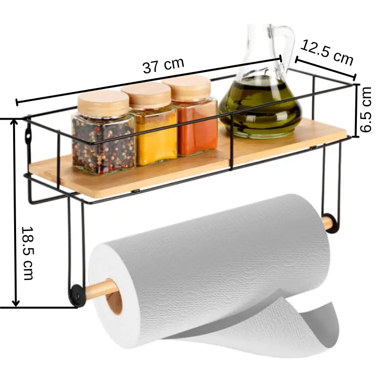 Suport pentru rola de servetele de bucatarie, de perete, prindere cu dibluri, din metal si bambus, Negru/Maro, 37 x 12.5 x 18.5 cm [2]