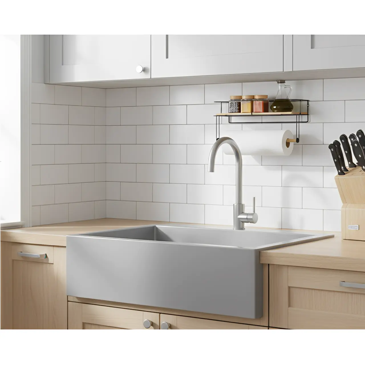 Suport pentru rola de servetele de bucatarie, de perete, prindere cu dibluri, din metal si bambus, Negru/Maro, 37 x 12.5 x 18.5 cm [3]