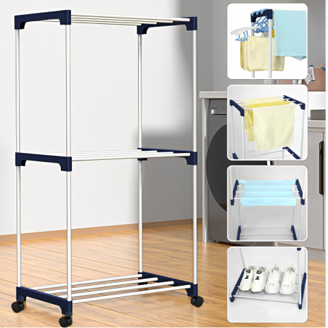 Depozitare si organizare - Suport pentru uscat haine, prosoape și încălțăminte, 3 niveluri, Gri/Alb, 51 x 29.5 x 109 cm