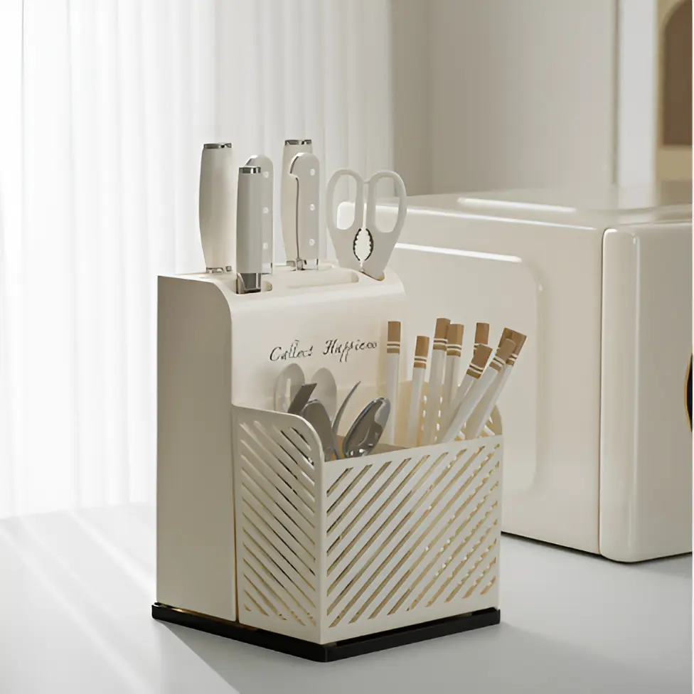 Organizare - Suport pentru ustensile de bucatarie, tacamuri, compartimente diferite, tavita pentru scurgerea apei, din plastic, Crem, 21 x 16 x 15 cm